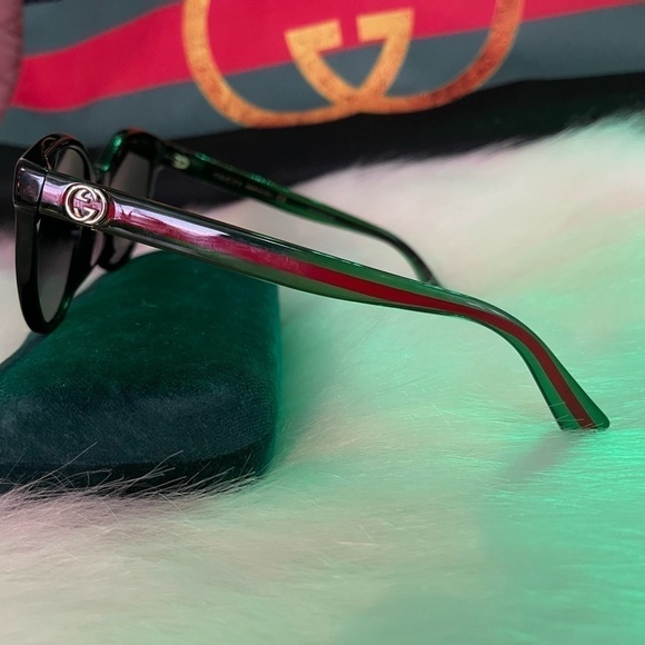 GUCCI 55MM ROUND BLACK FRONT GREEN SIDE RACING STRIPES GG SUNGLASSES - Picture 4 of 11